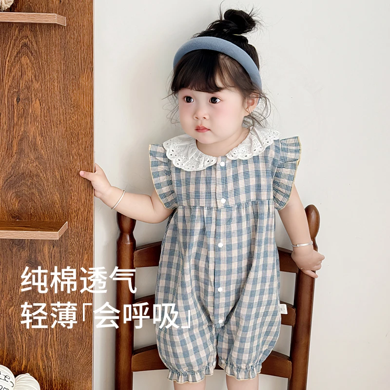 木植夏季洋气格子连体衣薄款包屁衣女宝宝可爱爬服超萌外出服哈衣