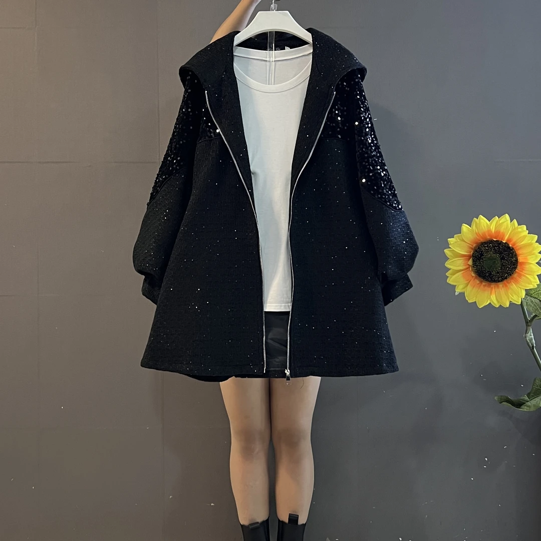 欧货新款时尚重工亮片灯笼袖拼接宽松显瘦休闲外套（不含打底衫）
