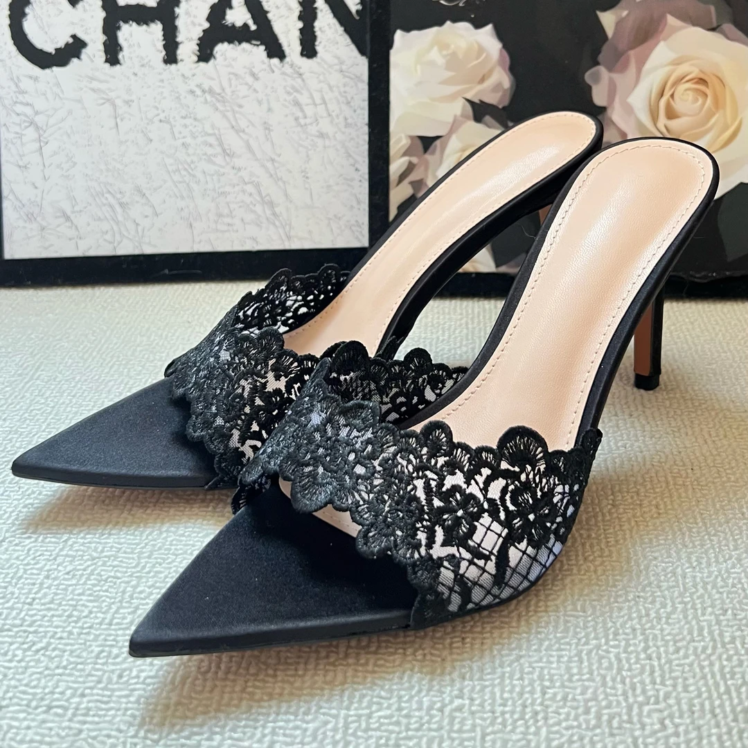 重工蕾丝凉拖 尖头高跟凉鞋气质百搭精致女人必备