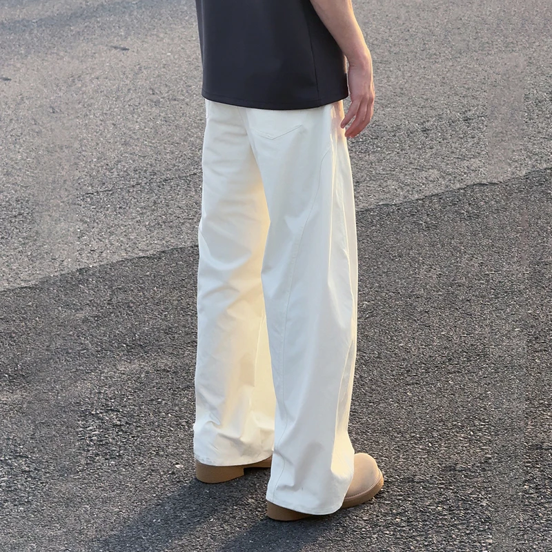 白色宽松解构弯刀裤子男时尚百搭半松紧腰立体裁剪休闲长裤男款