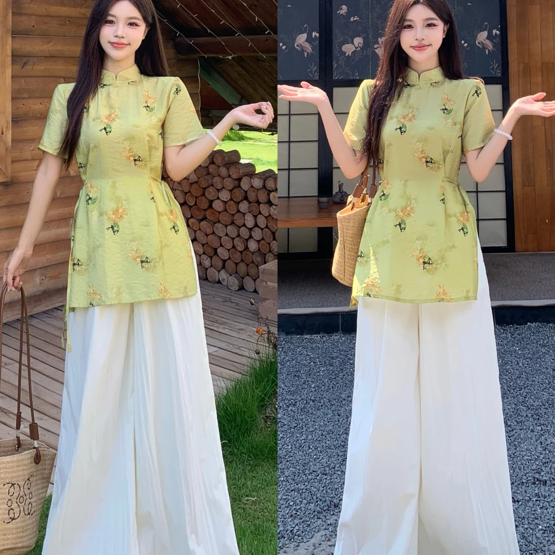 大码胖MM冷清舟国风斜门襟新中式盘扣国风唐装改良旗袍裙裤套装