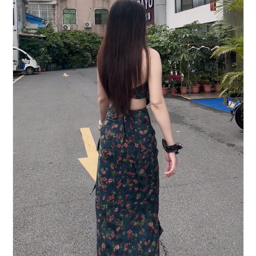 复古国风【青梦】碎花带胸垫肚兜挂脖背心上衣+一片式半身裙套装女