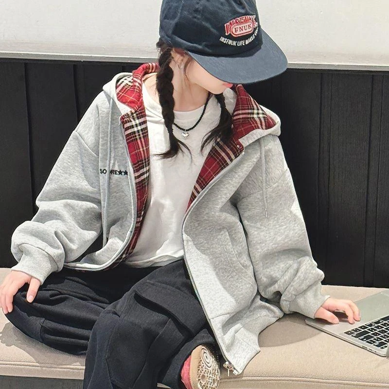 学院风连帽卫衣外套女秋冬2025新款中大童格子拼接开衫拉链上衣潮