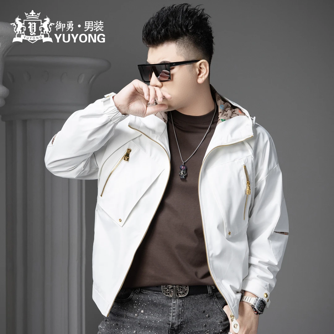 欧洲站纯色休闲连帽外套男士设计感拉链夹克2025秋季新款潮流上衣