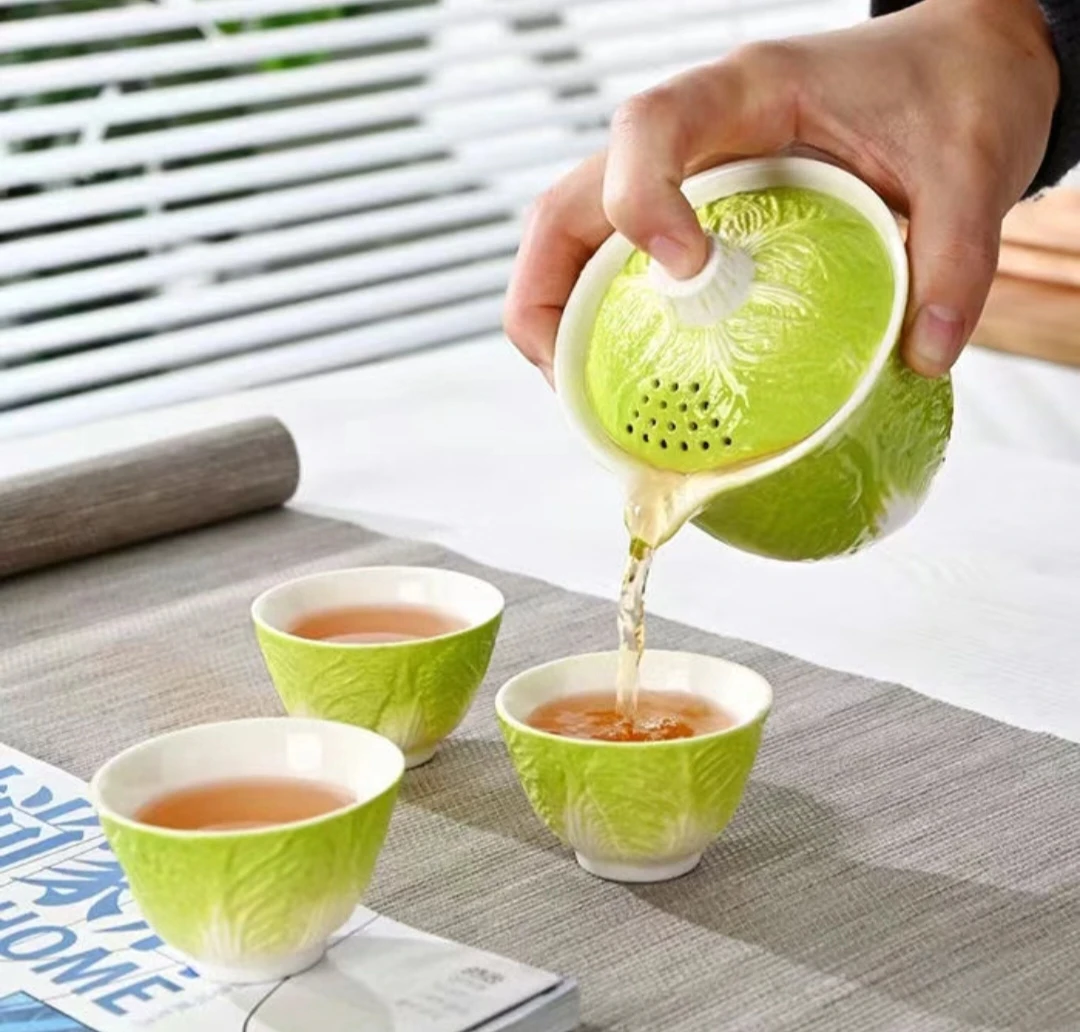 白菜 一壶三杯旅行快客陶瓷茶具茶杯便携式泡茶壶旅行套装