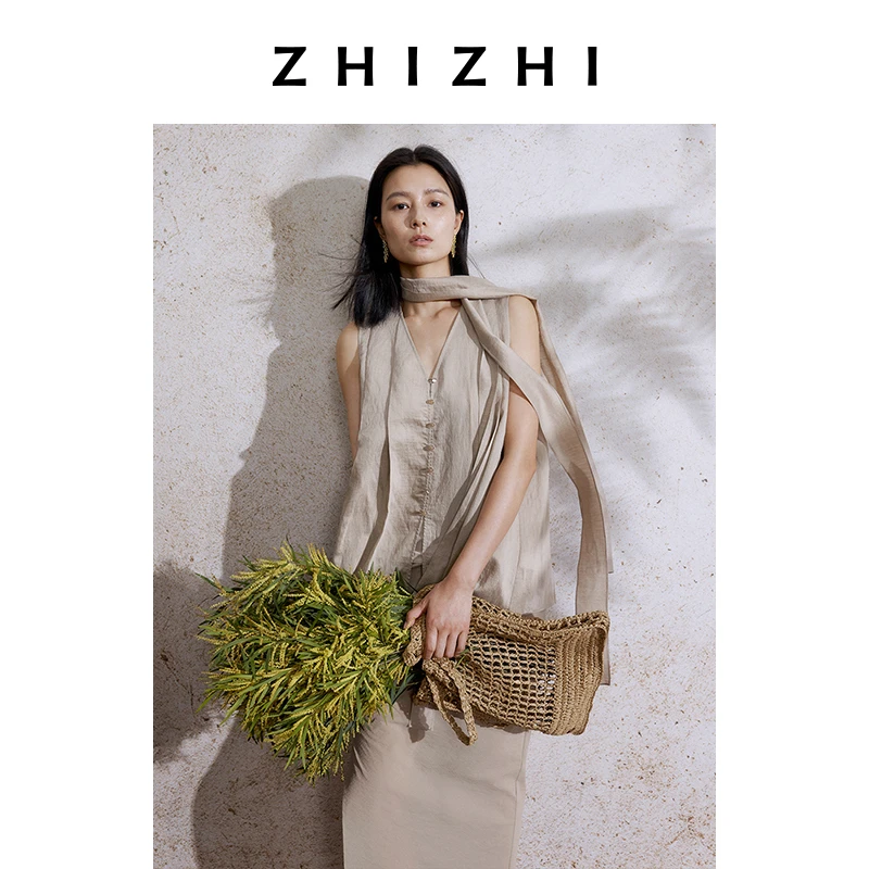 致知 霜花腴 立领飘带背心女2025夏新款时尚两穿披肩ZZ2EMWC3046