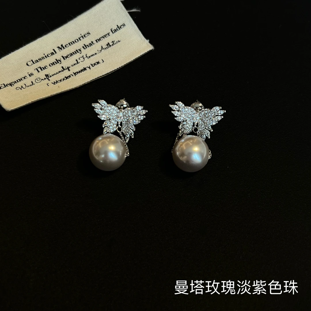 铜合金合成锆石耳饰 【奥黛丽蝴蝶珠珠款】耳环