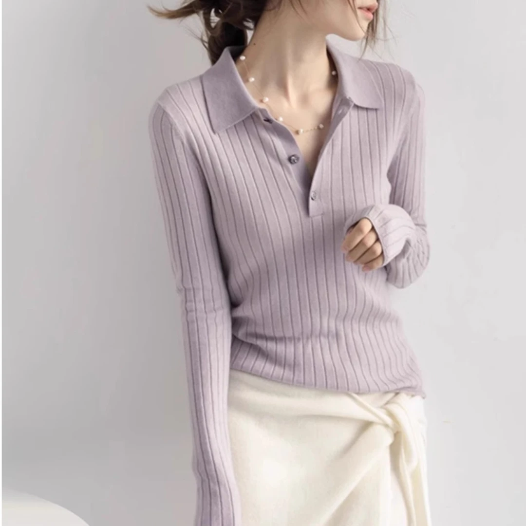 紫色针织衫女装2024秋冬季Polo领优雅气质时尚减龄内搭打底衫长袖