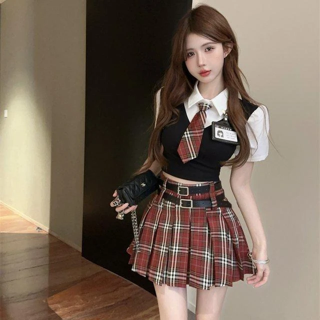 美式甜辣妹学院风套装女夏季jk制服针织假两件上衣半身裙子两件套