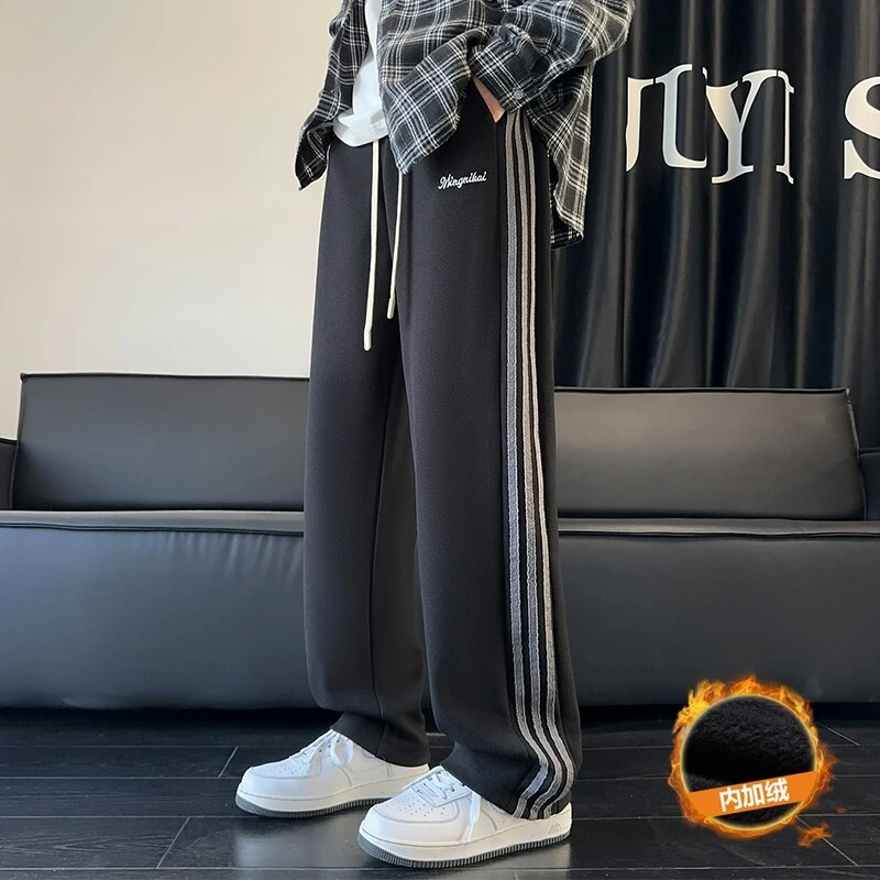秋冬季简约风潮流阔腿裤加绒大码美式休闲裤子加厚ins百搭卫裤男