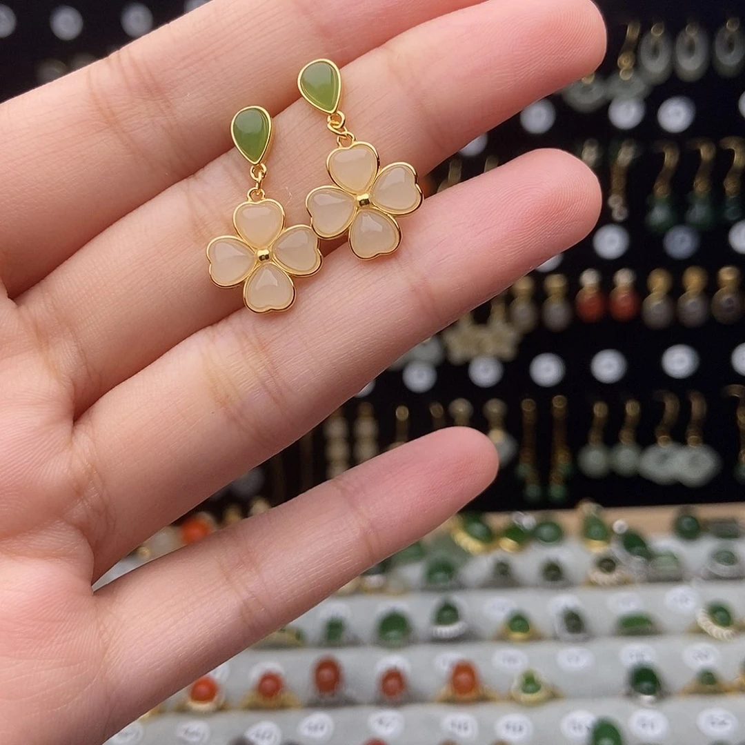 和田玉银S925镀金镶嵌耳饰