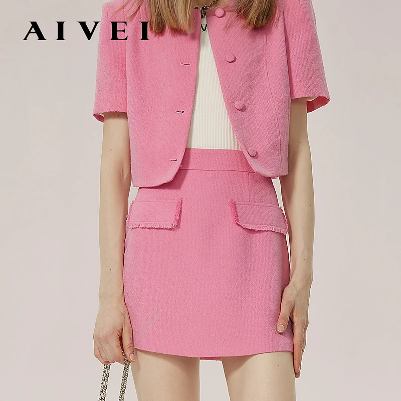 AIVEI欣贺艾薇24春小香风显瘦高腰西装A字短裙Q713604B