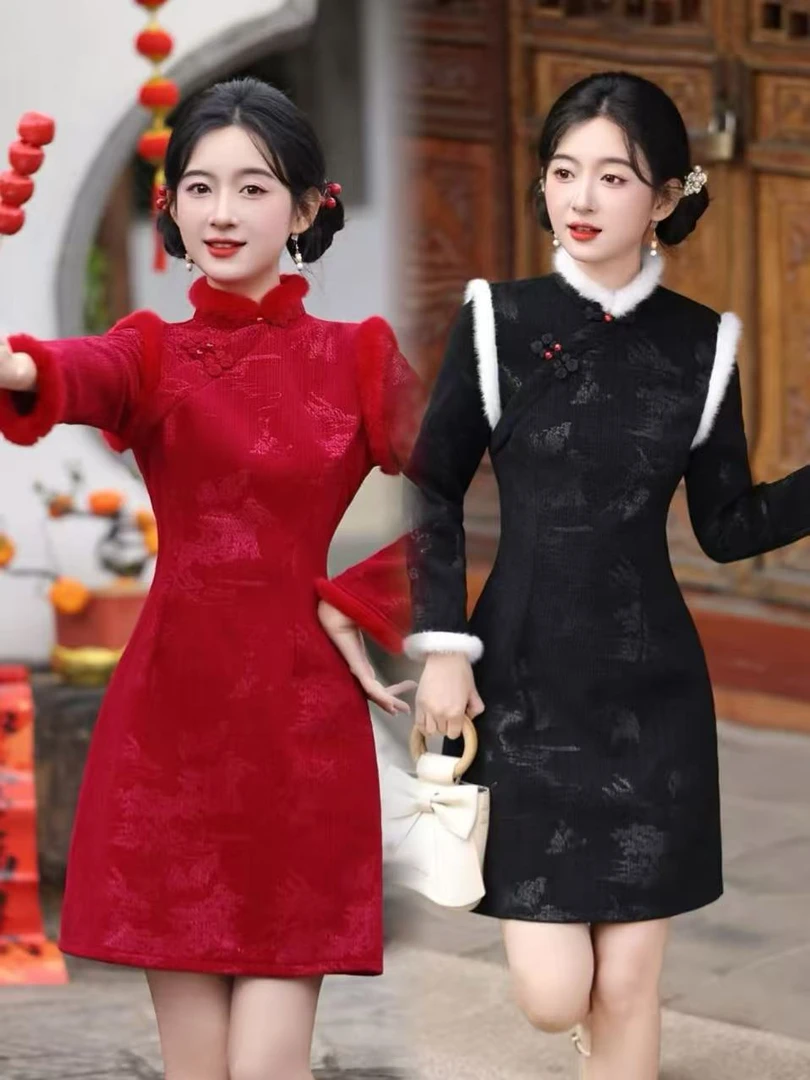 馨苒--红色黑色冬季加绒加厚气质拼接日常新中式双色印花旗袍