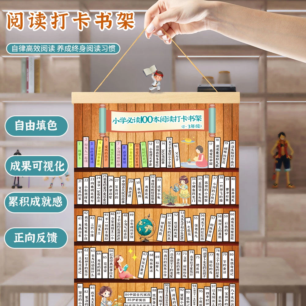 小学生初中必读100本儿童阅读书目打卡小书架挂轴计划涂色表挂图