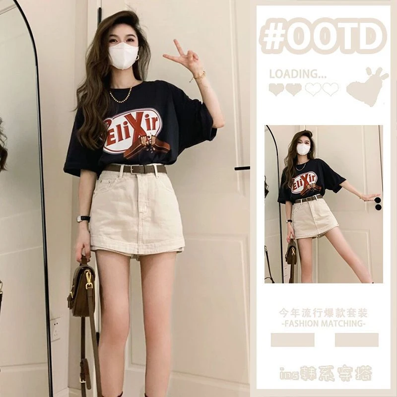 港风辣妹街头时尚夏季时尚套装复古chic印花上衣牛仔短裙两件套潮