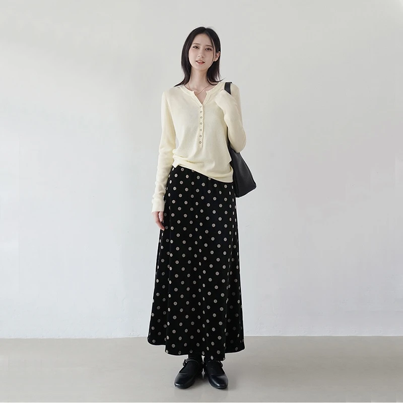【2024新款加绒加厚醋酸丝绒波点a字裙】高腰显瘦气质百搭半身裙女