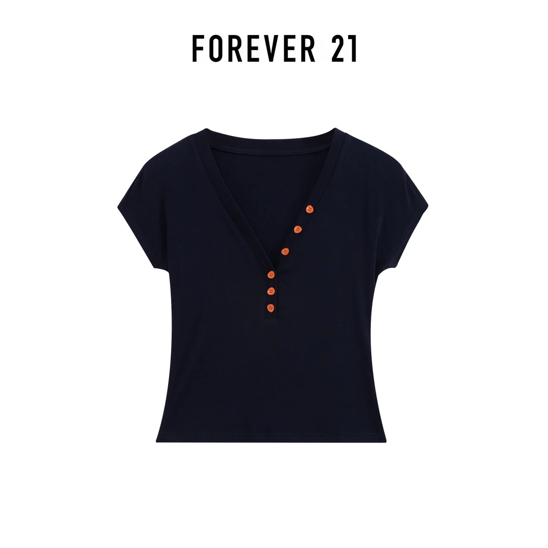 FOREVER 21/永恒 21V领休闲风一分袖纽扣常规短袖T恤