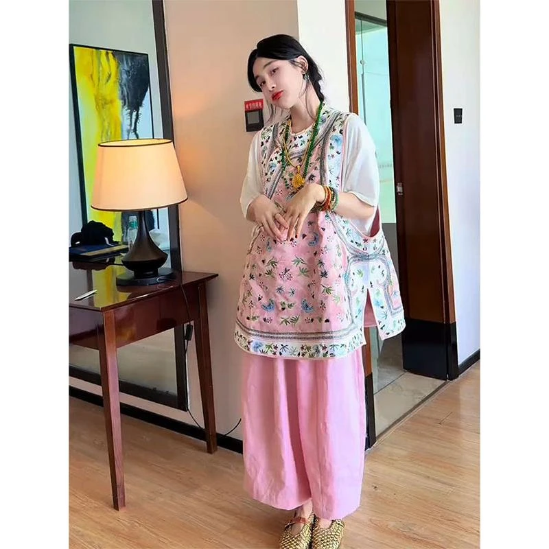 夏季搭配一整套高级感气质新中式女装国风套装刺绣马甲裤子两件套