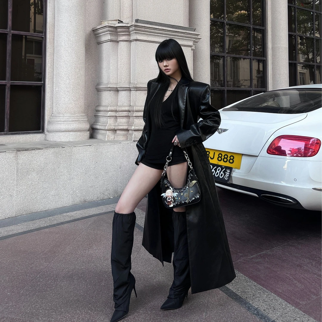 HOLYTIME 新品X型修身长款皮衣外套