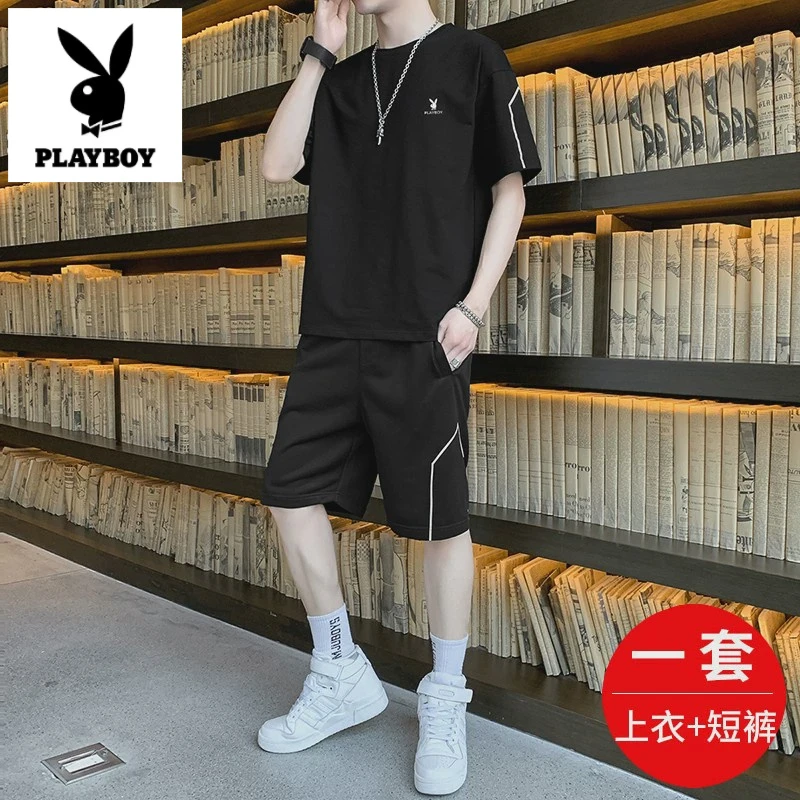 花花公子短袖休闲套装男士夏季新款潮流搭配帅气运动