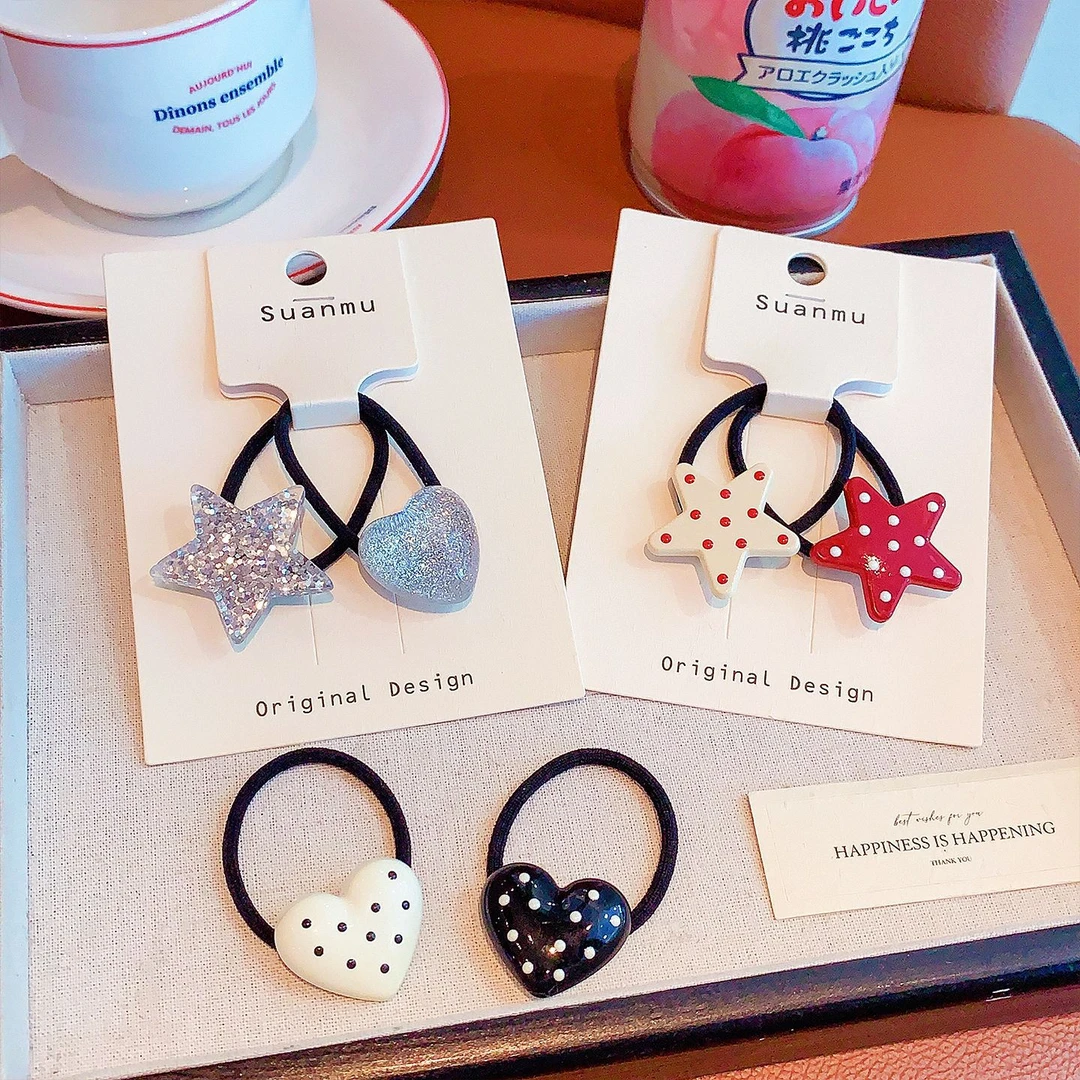 新款儿童波点皮红色星星爱心发绳女童发圈对装发圈小女孩头饰皮筋