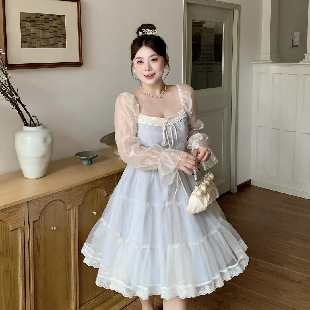 流萤遇海｜大码胖mm清新甜美初恋感公主裙蓝白提花雪纺法式连衣裙