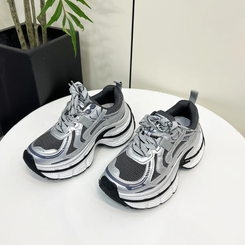 秋季新款休闲透气老爹鞋厚底增高银色运动鞋女小个子网面鞋3386-6
