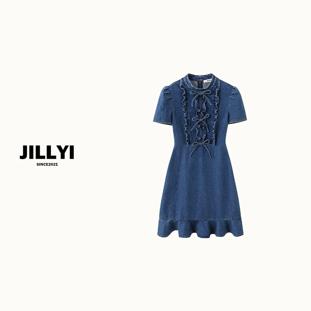 JILLYI珠海店【牛仔公主】水洗蓝胸前木耳边绑带蝴蝶结春夏季连衣裙