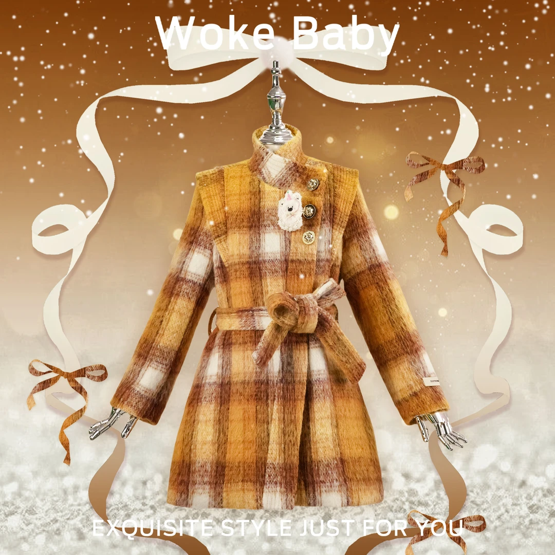 现货【温莎假日】加绒加厚女童冬季格子长款大衣外套汉服 V10288