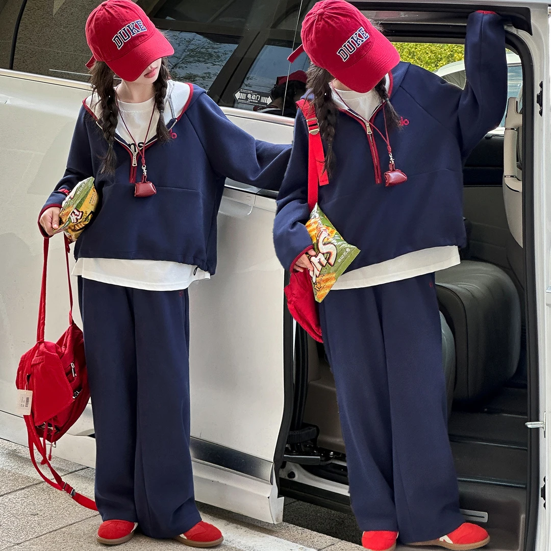 女童春秋休闲风女韩版纯色秋季套装卫衣中大童时尚小女孩三件套潮