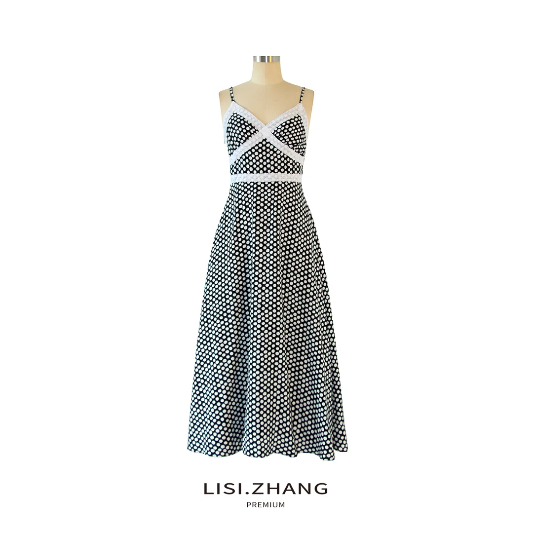LISI.ZHANG--【修身露背长裙】优雅时尚度假连衣裙蕾丝拼接撞色长裙