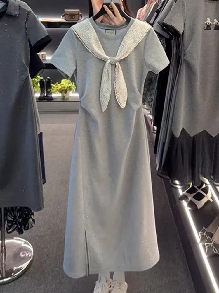 欧货时尚蝴蝶结收腰显瘦中长裙夏季2025新款拼接披肩短袖连衣裙女