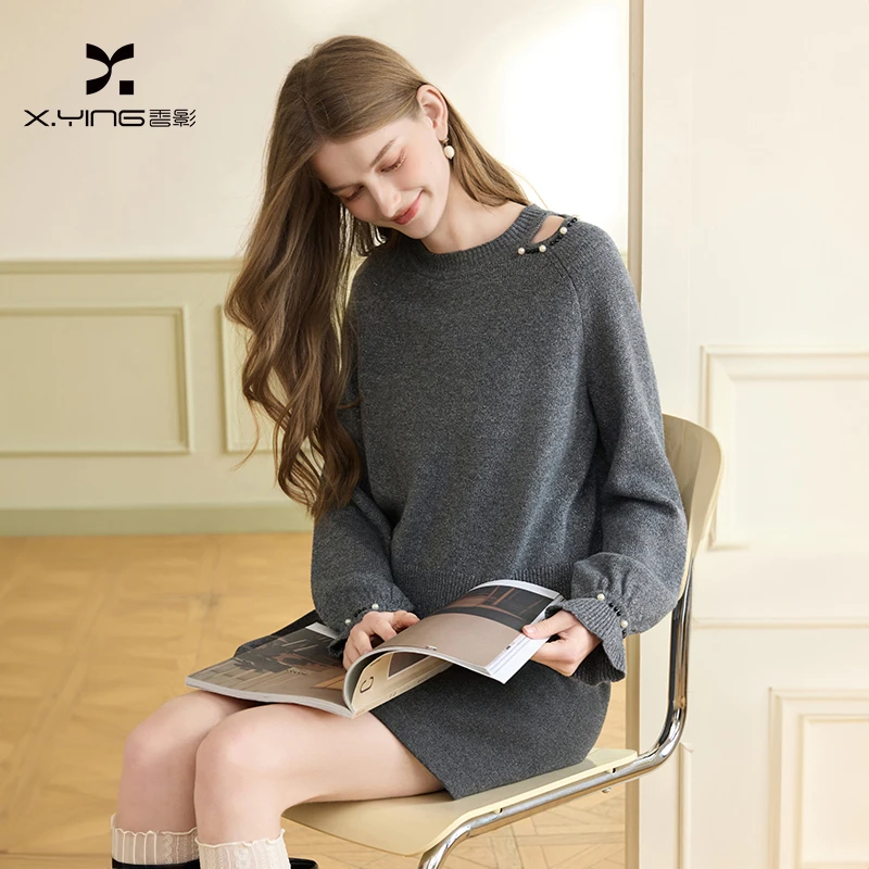 【直播专享】M75W003毛针织衫 香影灰色圆领镂空针织衫女冬季新款