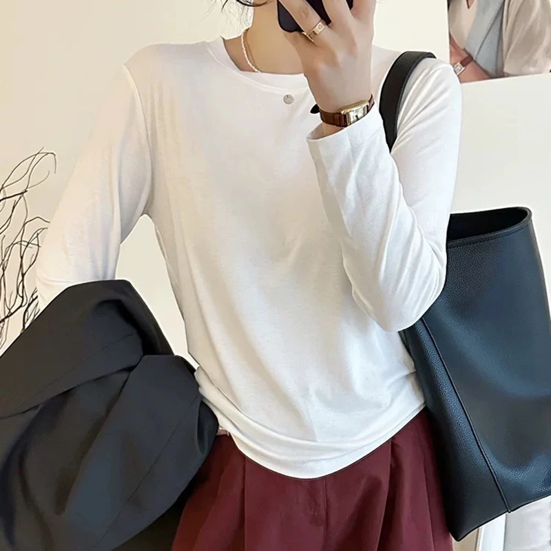春装女款2025新款韩系纯色百搭白色长袖t恤女短款气质显瘦打底衫