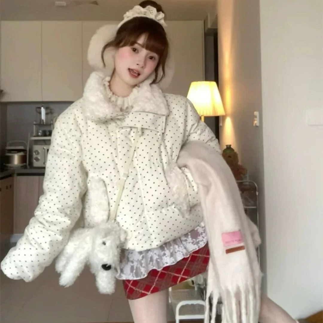 波点棉服女冬季2025年新款加厚宽松毛领面包服小个子学生短款外套