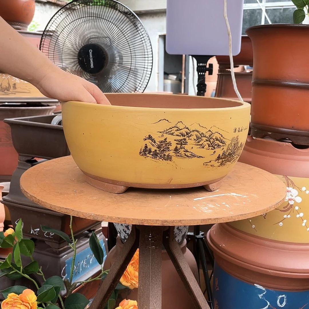 黄色江山如画大花盆紫砂花盆