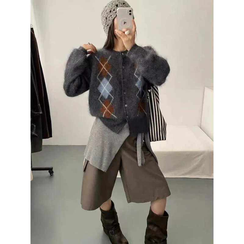 复古菱格~《衣长58胸围52》100纯羊毛拉绒工艺毛衣女FF-37