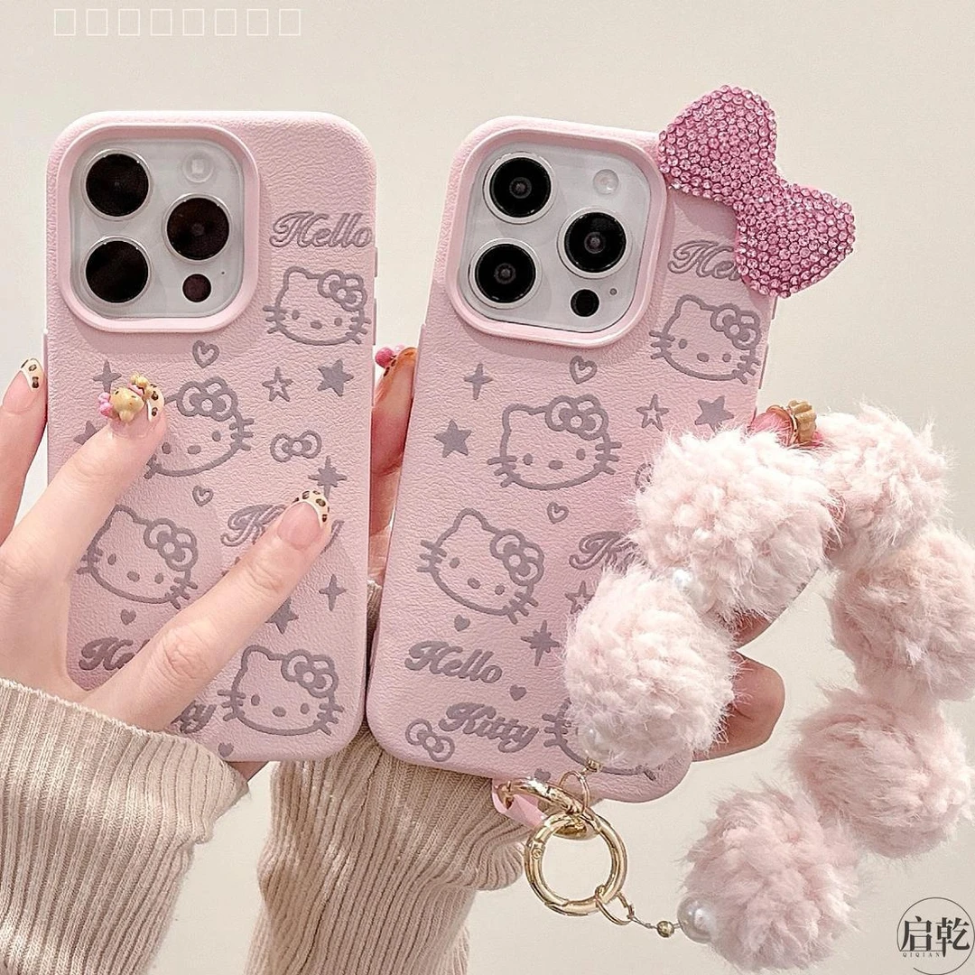 立体粉色闪钻凯蒂猫iPhone16/15手机壳适用苹果14/13promax皮纹12