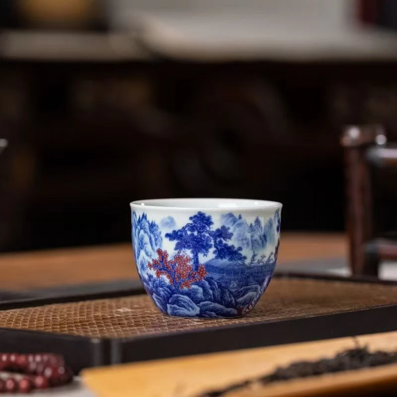 景德镇清流胜境客杯釉里红山水主人杯手工客杯茶杯茶具重工名窑
