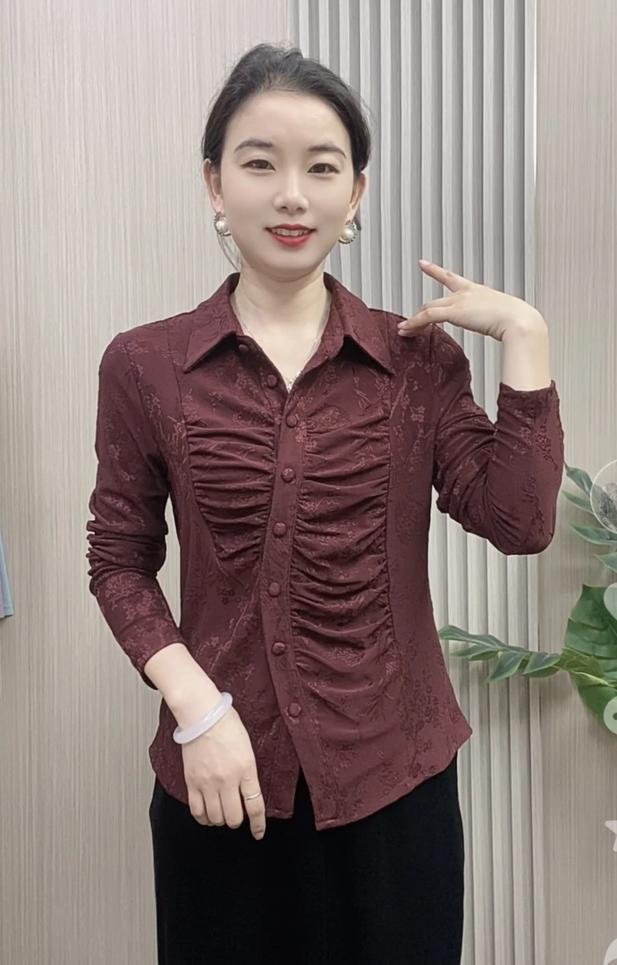 2025秋季新款时尚女士衬衫领修身版长袖洋气妈妈装上衣显瘦气质