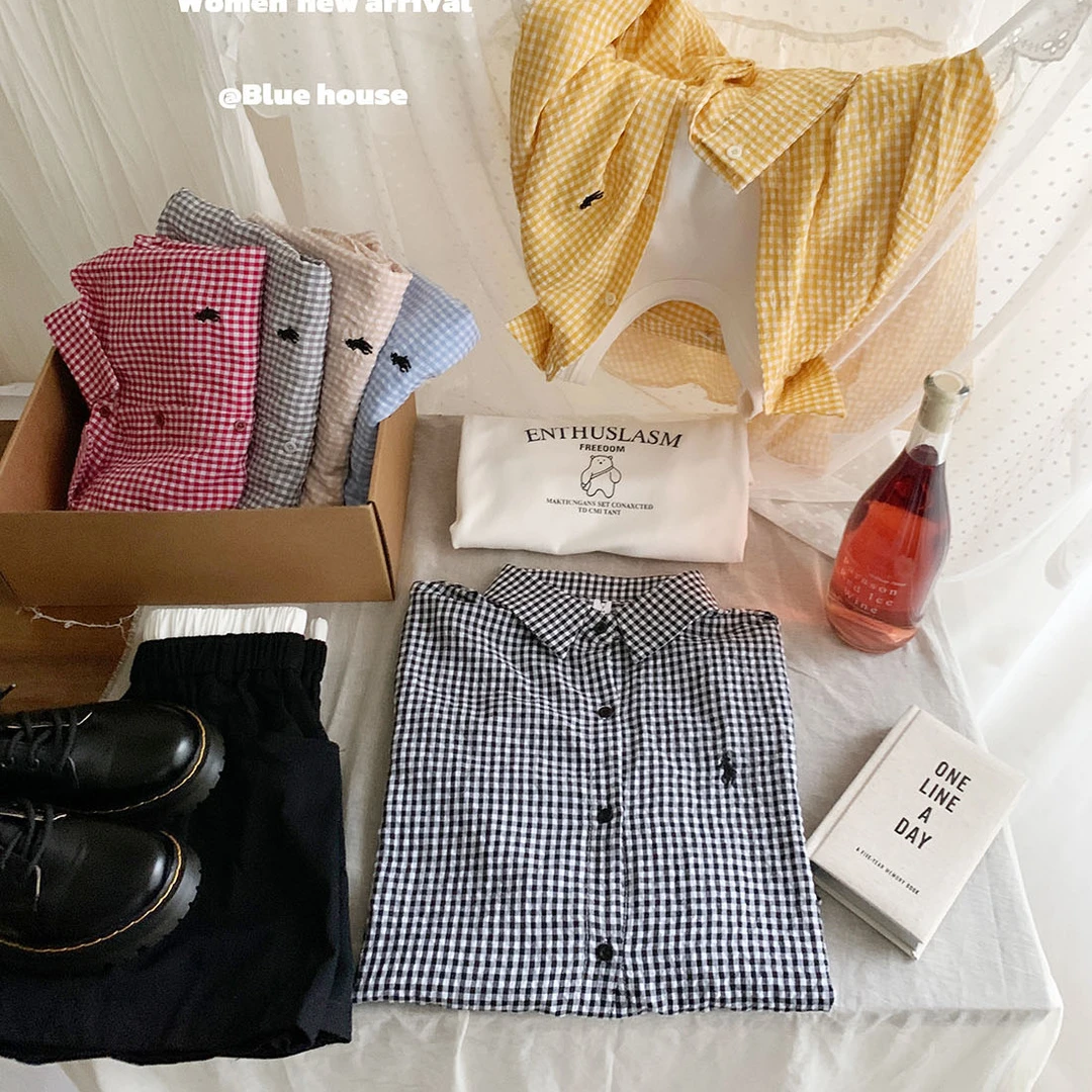 复古小刺绣格子衬衫长袖女秋百搭气质学院风叠穿衬衣宽松上衣ins