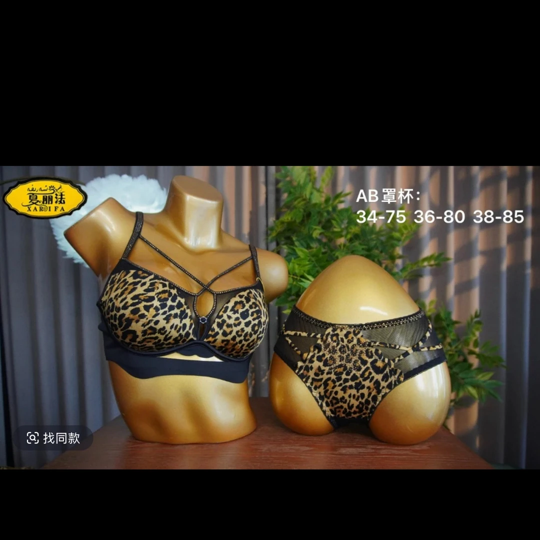 xarifa文胸套装薄款豹纹烫钻性感交叉美胸小胸聚拢舒适8325
