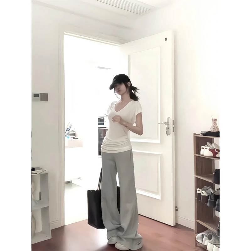 美式复古v领白色正肩垂感短袖t恤上衣微喇防嗮裤凉凉阔腿喇叭裤女