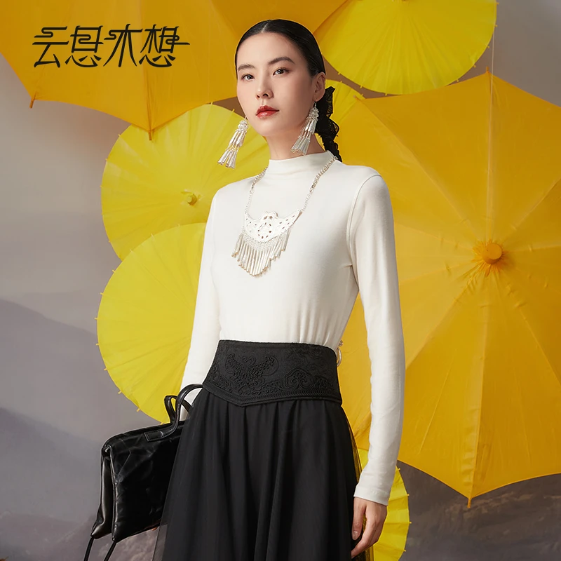 Ysimo-X云思木想摩登国风2024秋季新款小高领百搭天丝T恤12073