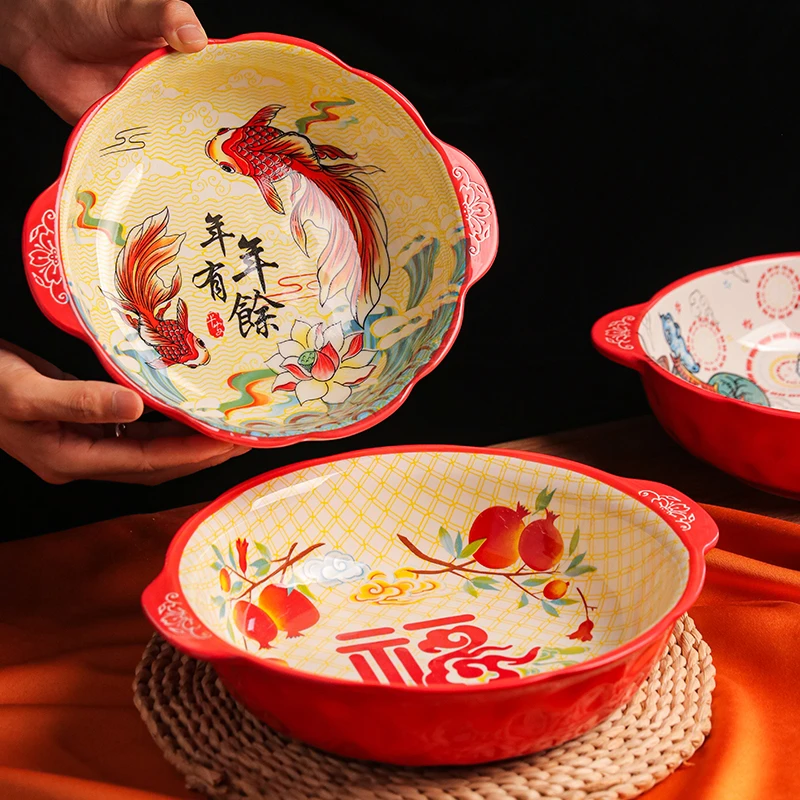中国风釉下彩陶瓷家用大汤碗网红创意商用双耳大汤盆餐具酸菜鱼盆