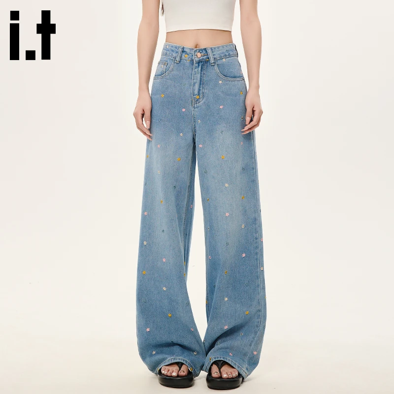 i.t:CHOCOOLATE潮流时髦阔腿牛仔裤女秋冬新款设计感花卉刺绣长裤