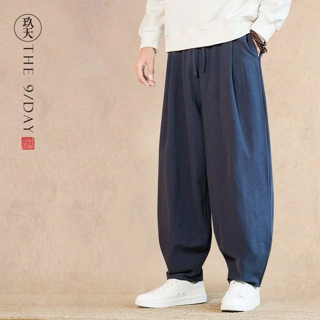 春夏亚麻休闲裤阔腿裤中国风男士宽松胖子棉麻太极灯笼裤道服裤子