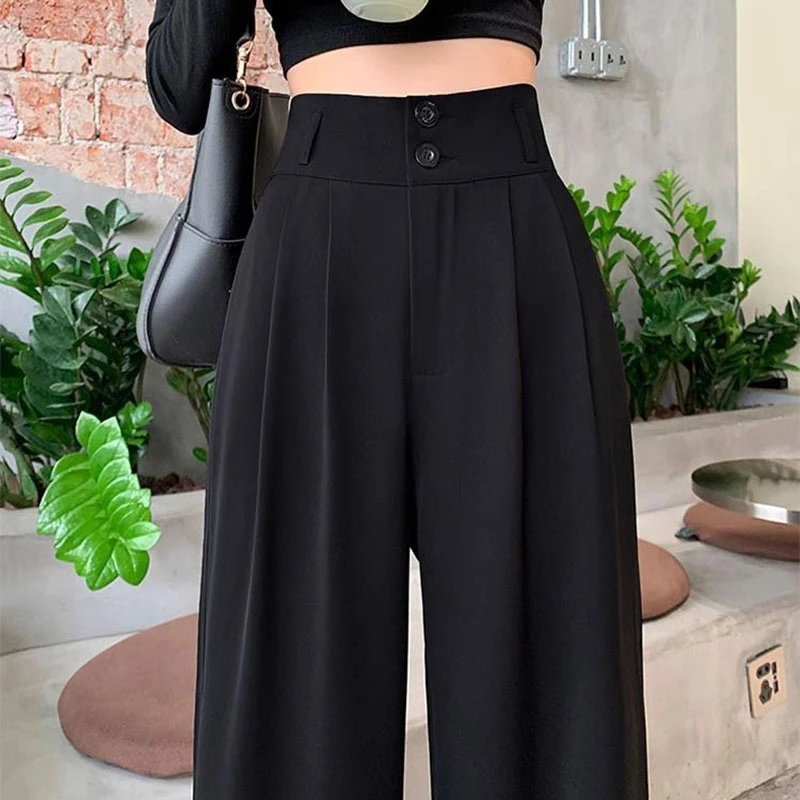 高腰休闲裤早春女士黑色阔腿长裤薄款宽松春夏显瘦黑色百搭大码