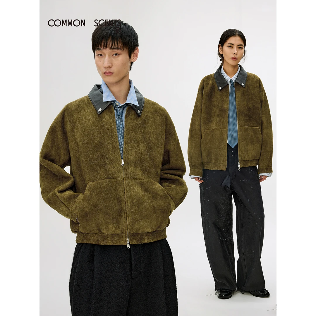 COMMON SCENTS长绒翻毛羊皮素材翻领短宽拉链真皮皮衣夹克