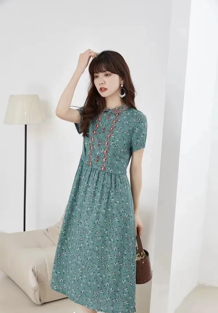 7103连衣裙碎花显瘦夏季复古绿色法式气质宽松中长款
